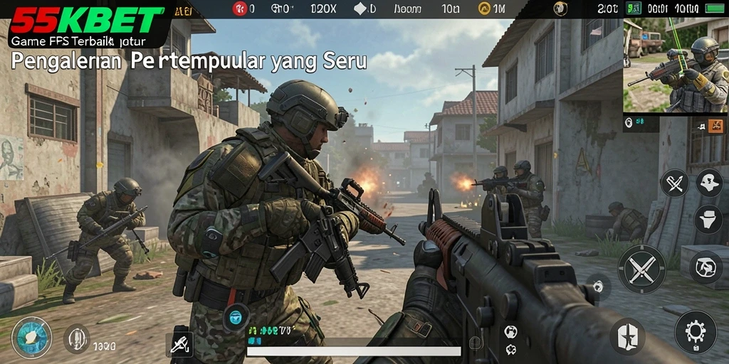 Tampilan gameplay 55KBET dengan aksi pertempuran FPS yang seru.