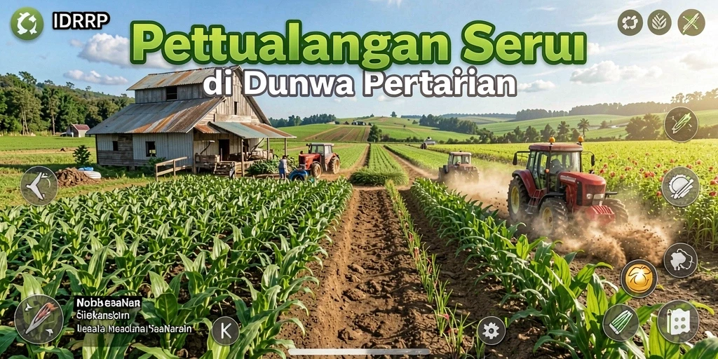 Gameplay IDRRP menampilkan ladang subur dan aktivitas bertani.