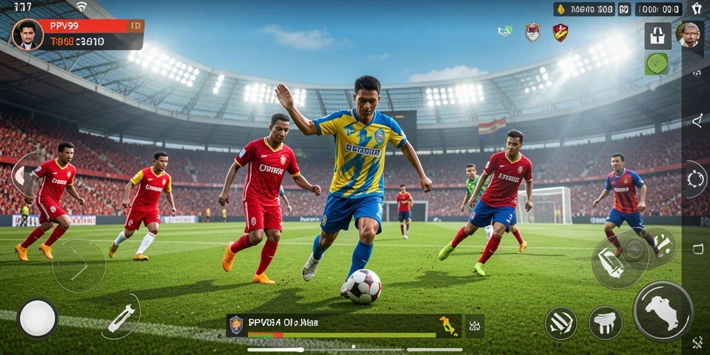 Tangkapan layar dari gameplay PPV99 yang menunjukkan aksi pertandingan sepak bola.